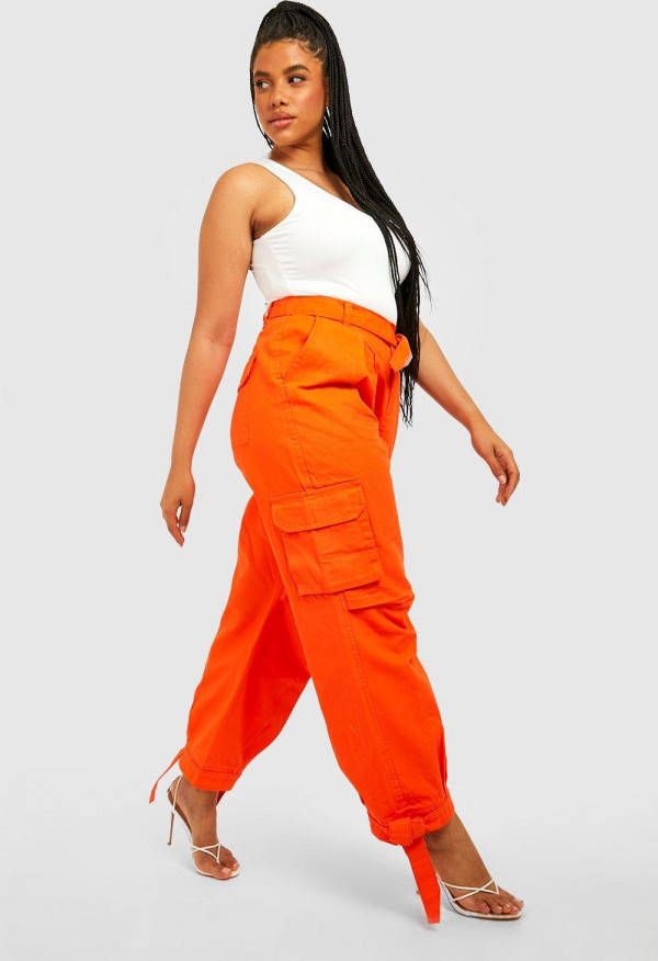 boohoo Plus Slim Fit Cargo Broek Met Zoom Strik, Orange