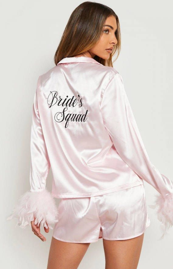 boohoo Premium Satijnen Bride'S Squad Set Met Shorts En Veren, Rose Gold