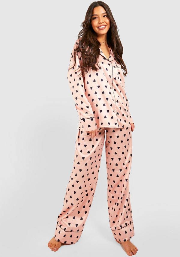 boohoo Premium Satijnen Hartjes Print Pyjama Set Met Broek, Rose Gold