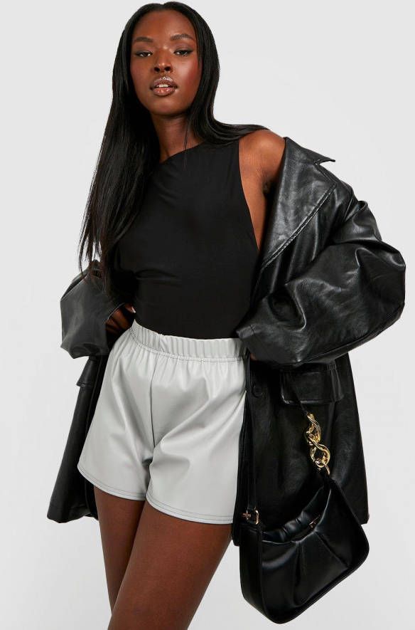 boohoo Pu High Waist Shorts, Light Grey