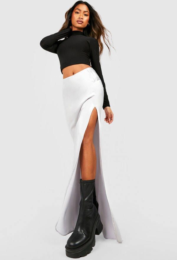 boohoo Satijnen Maxi Rok Met Hoge Split, Silver