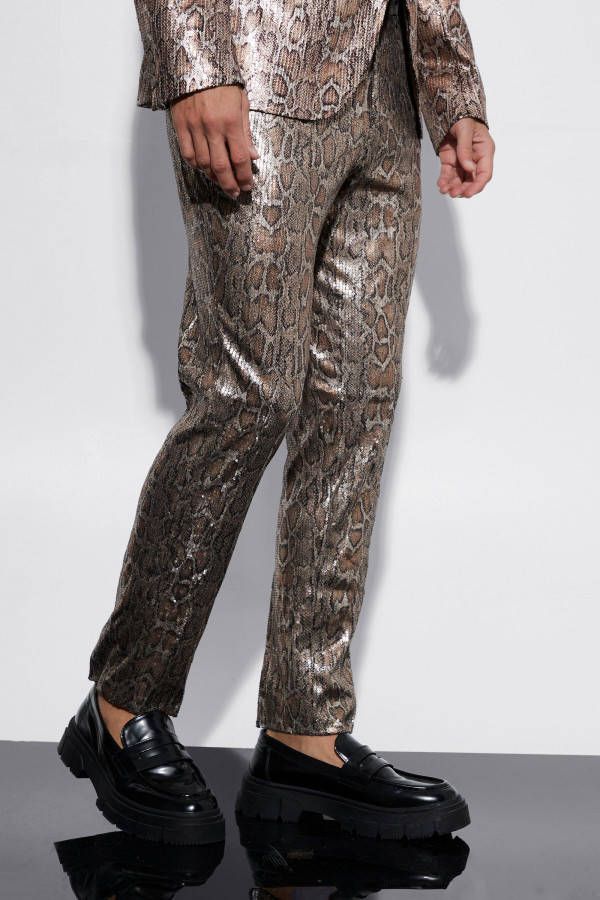 boohoo Slangenprint Glitter Slim Fit Pantalons Met Pailletten, Gold
