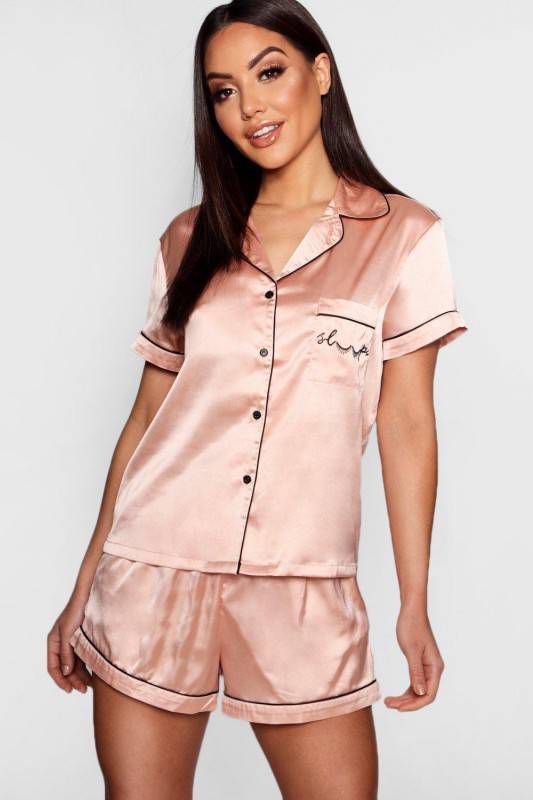 boohoo Gebroduurde Satijnen 'Sleep' Pyjama Set Met Shorts, Ros&#xE9, goud