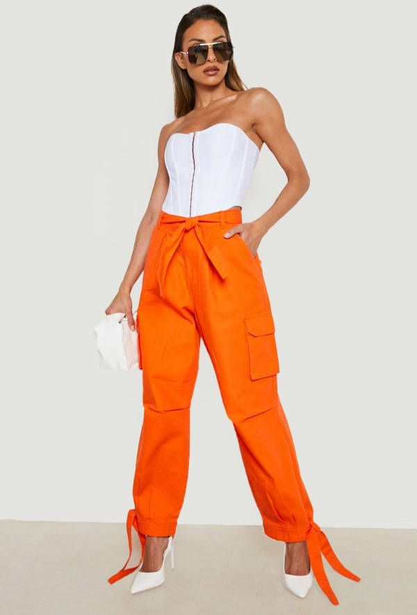 boohoo Slim Fit Cargo Broek Met Zoom Strik, Orange
