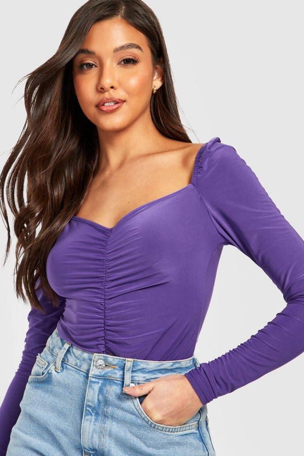 boohoo Strak Geplooid One Piece Met Dubbele Lagen En Lange Mouwen, Purple