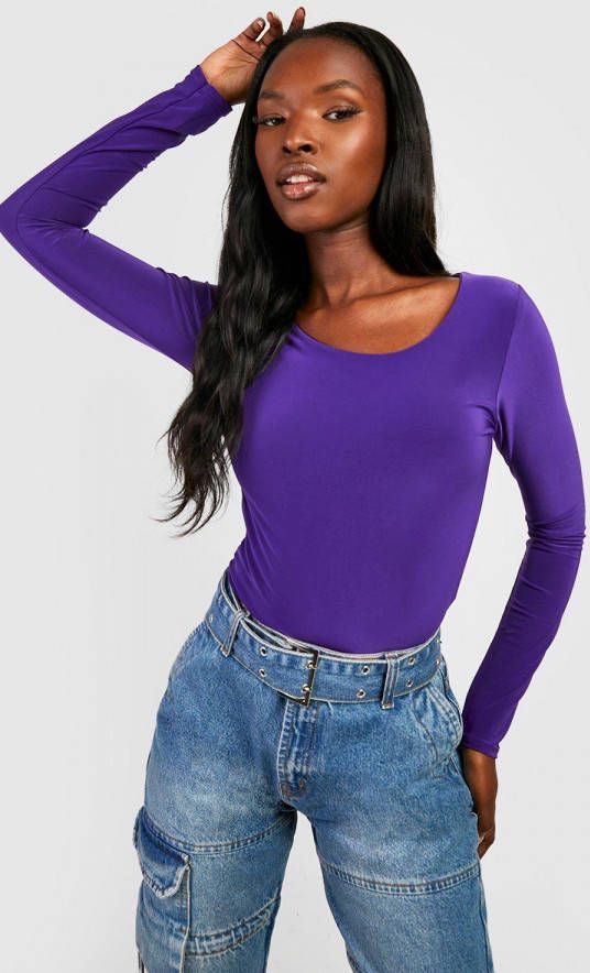 boohoo Strakke One Piece Met Dubbele Lagen En Lange Mouwen, Purple