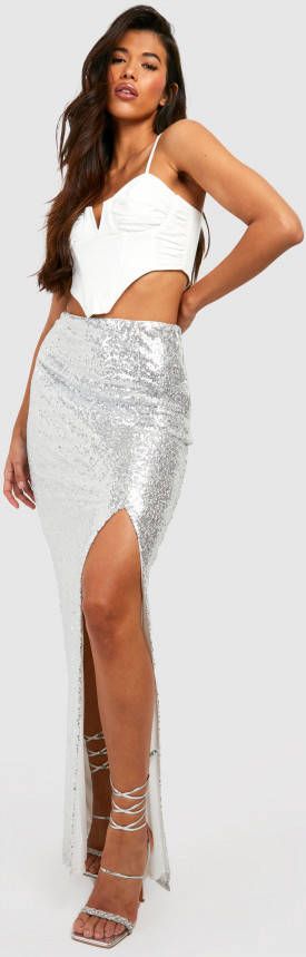 boohoo Tall Glitter Maxi Rok Met Pailletten En Zijsplit, Silver