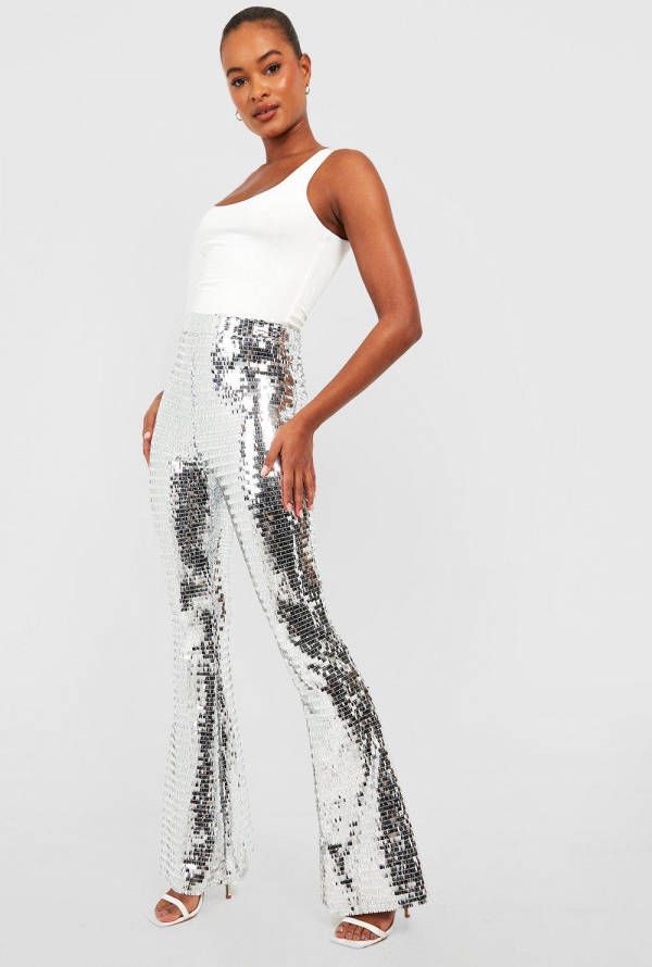 boohoo Tall Rechthoekige Flared Glitter Broek Met Pailletten, Silver