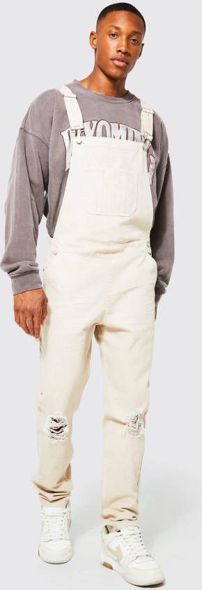 boohoo Versleten Overdye Slim Fit Long Tuinbroek, Stone