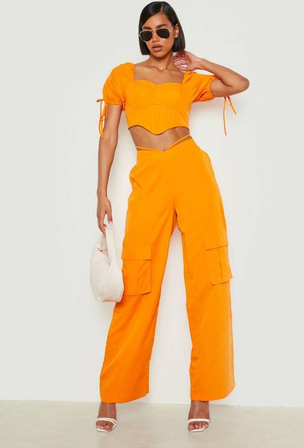 boohoo Wide Leg Cargo Broek Met V Taille, Orange