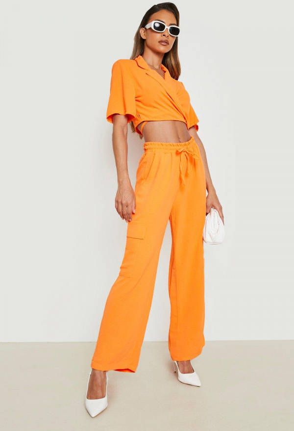 boohoo Wide Leg Joggingbroek Met Textuur En Cargo Zakken, Orange