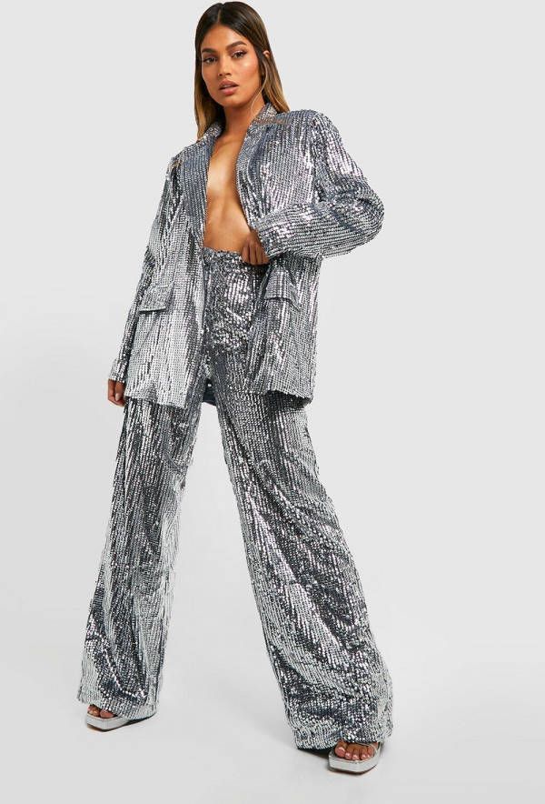 boohoo Zilveren Getailleerde Glitter Wide Leg Broek Met Pailletten, Silver