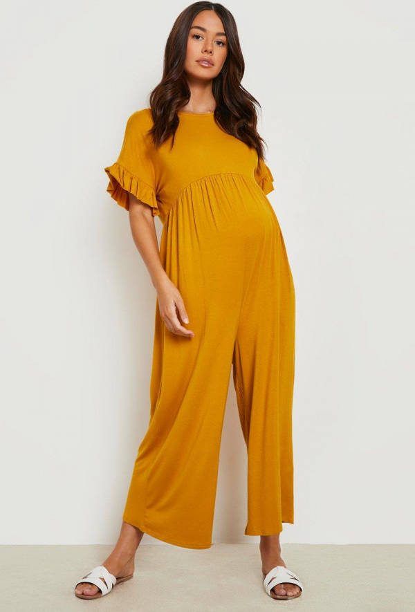 boohoo Zwangerschap Culotte Jumpsuit Met Geplooide Mouwen, Mustard