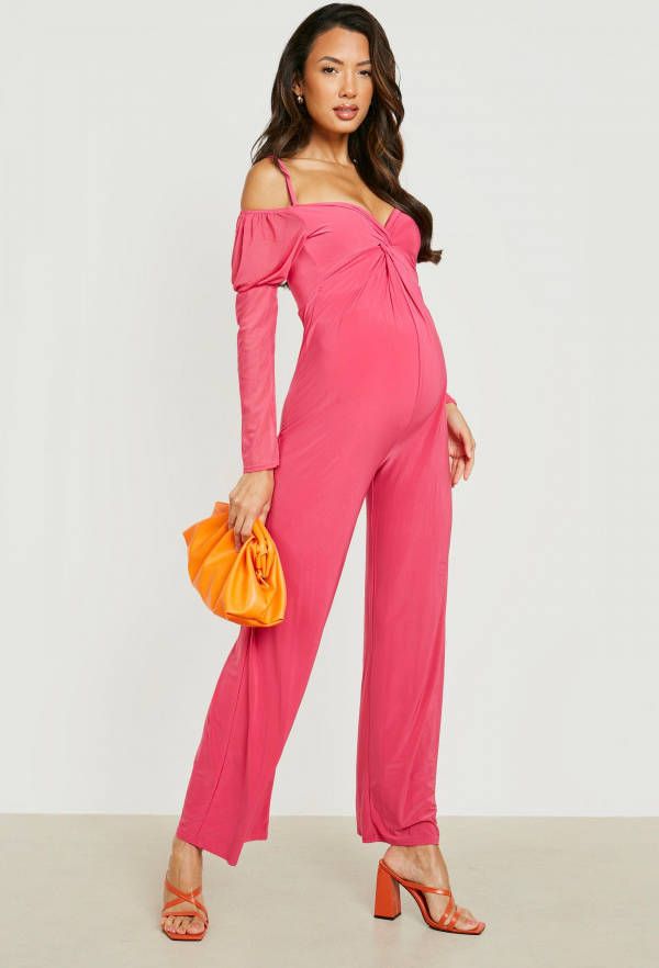 boohoo Zwangerschap Gedraaide Mesh Jumpsuit, Hot Pink