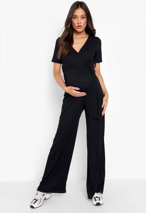 boohoo Zwangerschap Geribbelde Wide Leg Wikkel Jumpsuit Met Ceintuur, Black