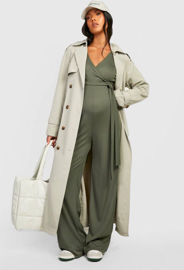 boohoo Zwangerschap Geribbelde Wikkel Wide Leg Jumpsuit Met Ceintuur En Lange Mouwen, Khaki