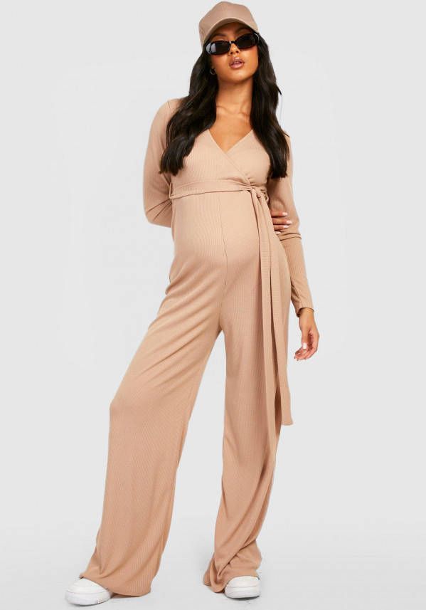 boohoo Zwangerschap Geribbelde Wikkel Wide Leg Jumpsuit Met Ceintuur En Lange Mouwen, Stone