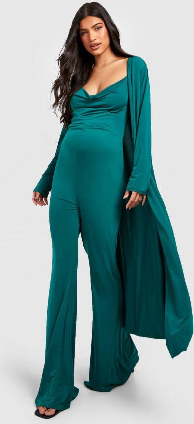 boohoo Zwangerschap Jumpsuit Met Bandjes En Losse Col En Duster Jas, Dark Green