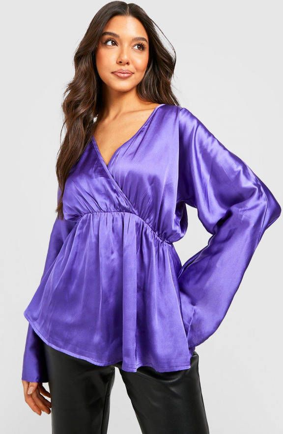 boohoo Zwangerschap Satijnen Wikkel Blouse Met Kimono Mouwen, Purple