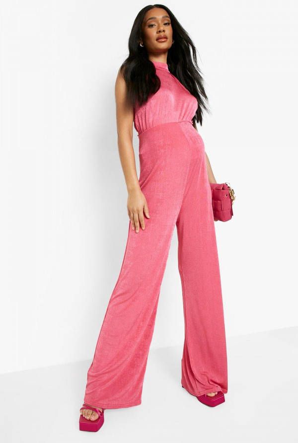 boohoo Zwangerschap Wide Leg Jumpsuit Met Halter Neck, Hot Pink