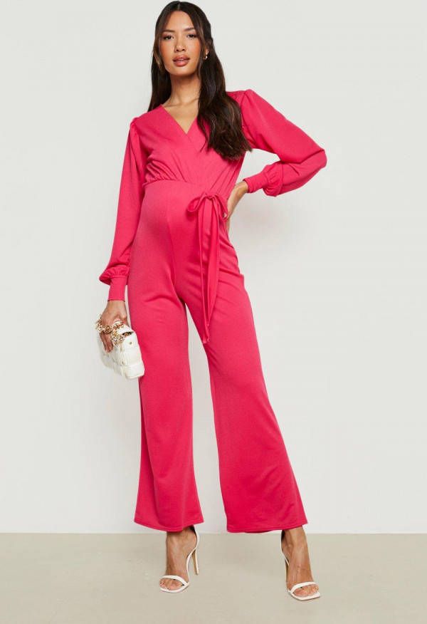 boohoo Zwangerschap Wide Leg Wikkel Jumpsuit, Hot Pink