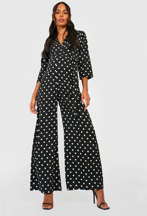 boohoo Zwangerschap Wikkel Jumpsuit Met Stippen En Ceintuur, Black