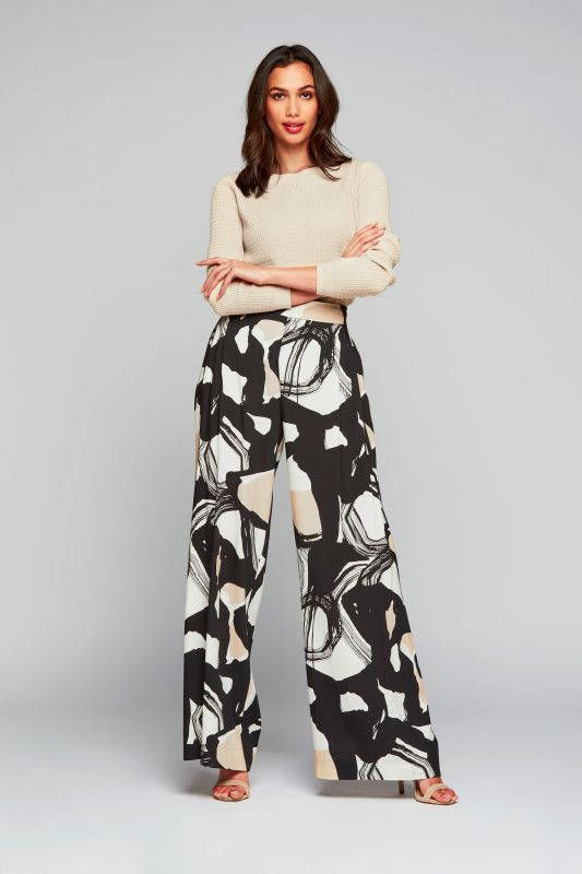 Mart Visser high waist wide leg palazzo broek Corby met grafische print zwart/beige/ecru