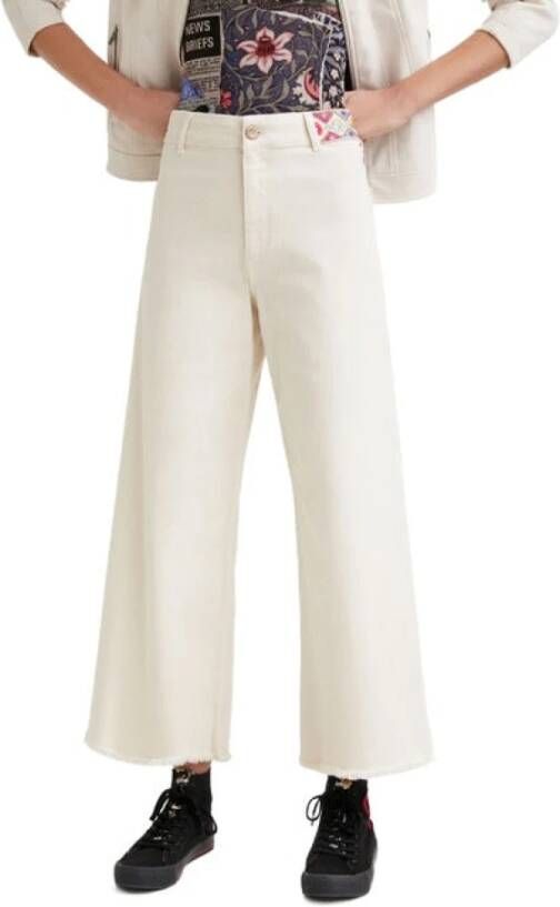 Desigual cropped high waist wide leg broek met borduursels wit