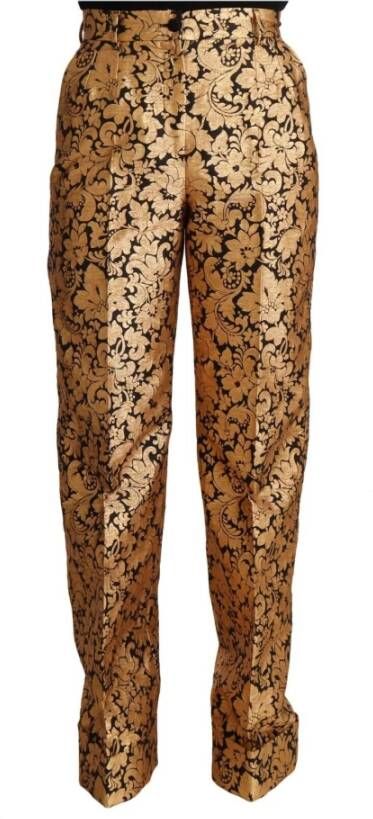 Dolce & Gabbana Gold Floral Jacquard Straight Polyester Pants , Geel, Dames