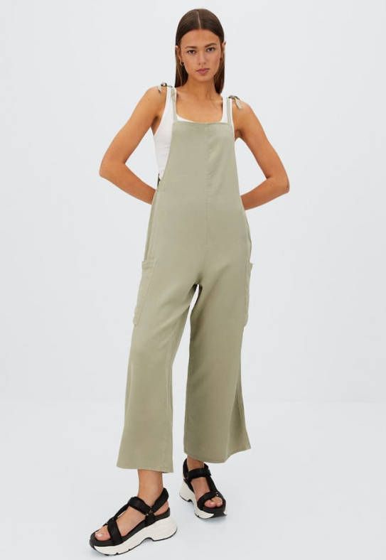 Stradivarius Soepelvallende Lyocell Tuinbroek Kaki