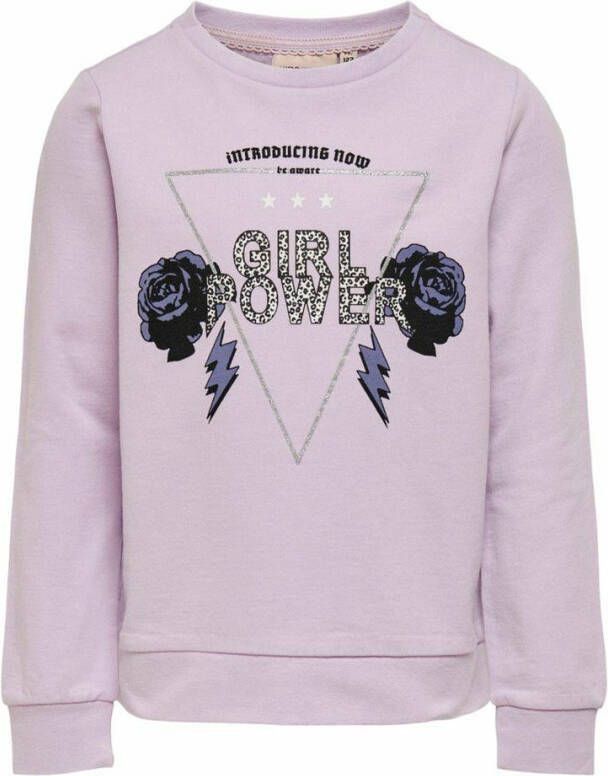 ONLY KIDS sweater Lucinda met printopdruk en glitters lila/zwart/zilver