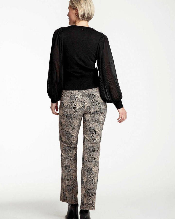 Tramontana straight fit broek van travelstof met bladprint beige/zwart