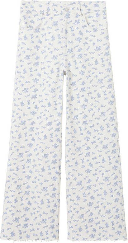Mango gebloemde cropped high waist wide leg palazzo broek wit/lichtblauw