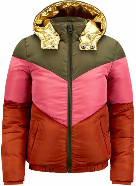 Retour Denim winterjas Helga van gerecycled polyester khakigroen/rood/roze/goud